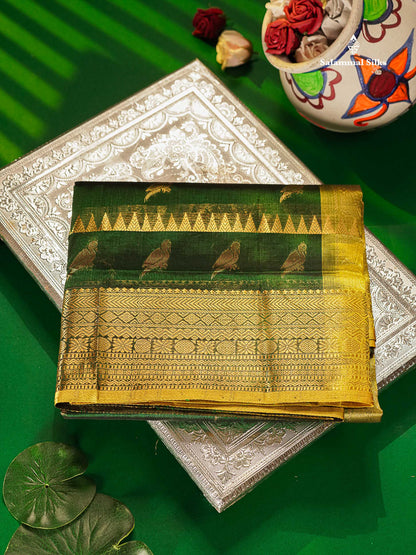 Pure Silk Cotton Saree - Bottle Green Parrot Butta Along With Traditional Evening Morning Border