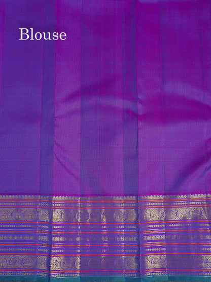 Pure Kanjivaram Silk Saree - Peacock Blue Colour Body Zari Butta With Contrast Purple Border