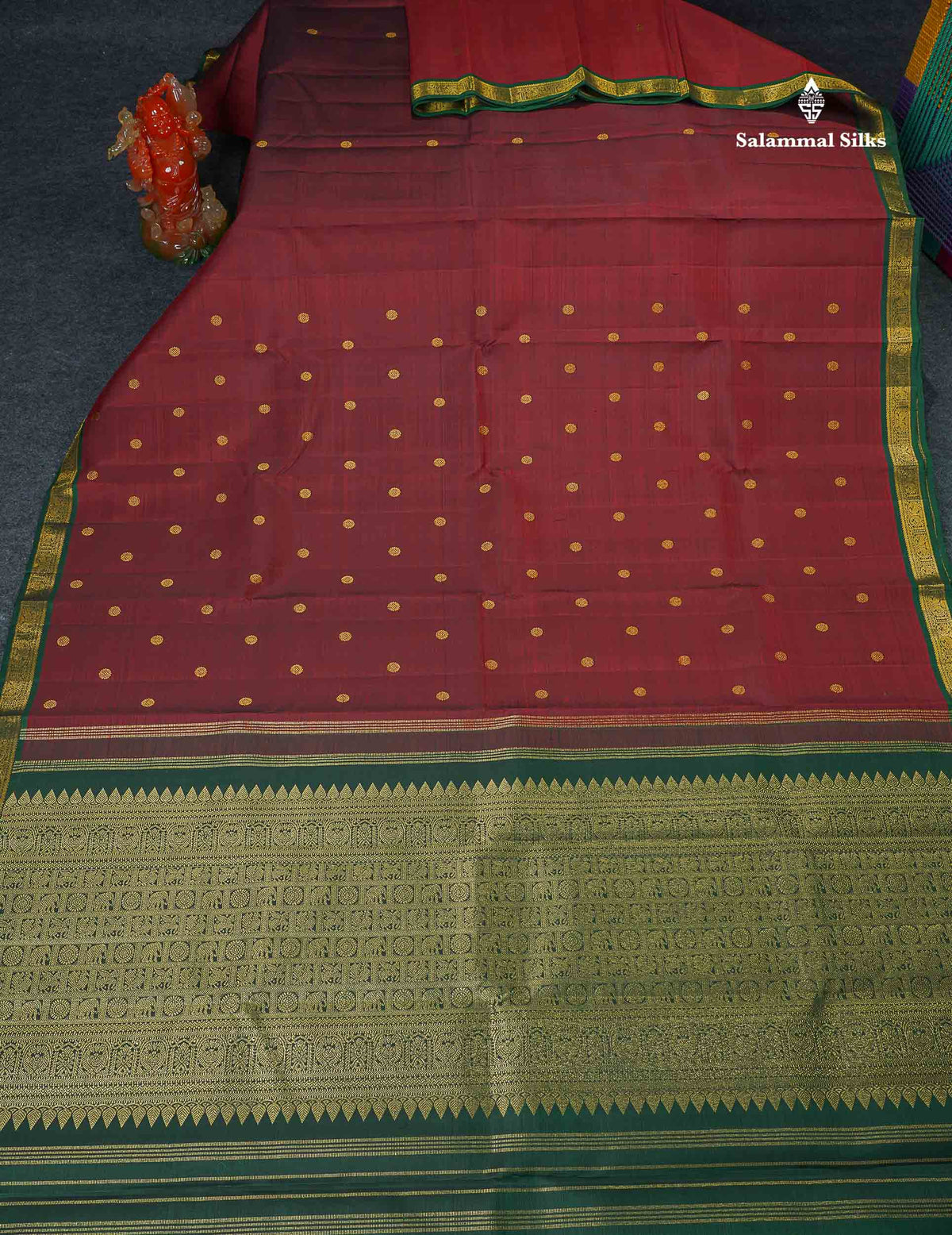 Pure Kanjivaram Silk Saree - Dark Maroon Colour Body Zari Butta With Bottle Green Small Border 