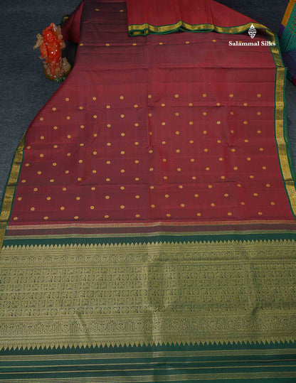 Pure Kanjivaram Silk Saree - Dark Maroon Colour Body Zari Butta With Bottle Green Small Border 