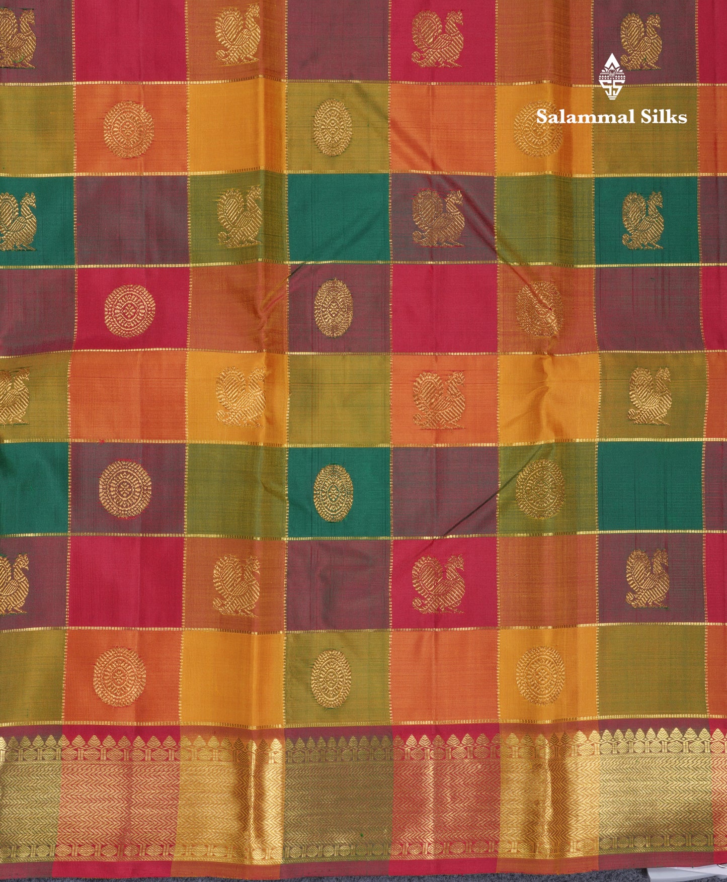 Paalum Pazham Zari Checks With Butta Pure Kanjivaram Silk Saree With Contrast Maroon Traditional Border