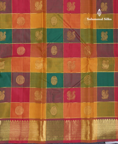 Paalum Pazham Zari Checks With Butta Pure Kanjivaram Silk Saree With Contrast Maroon Traditional Border