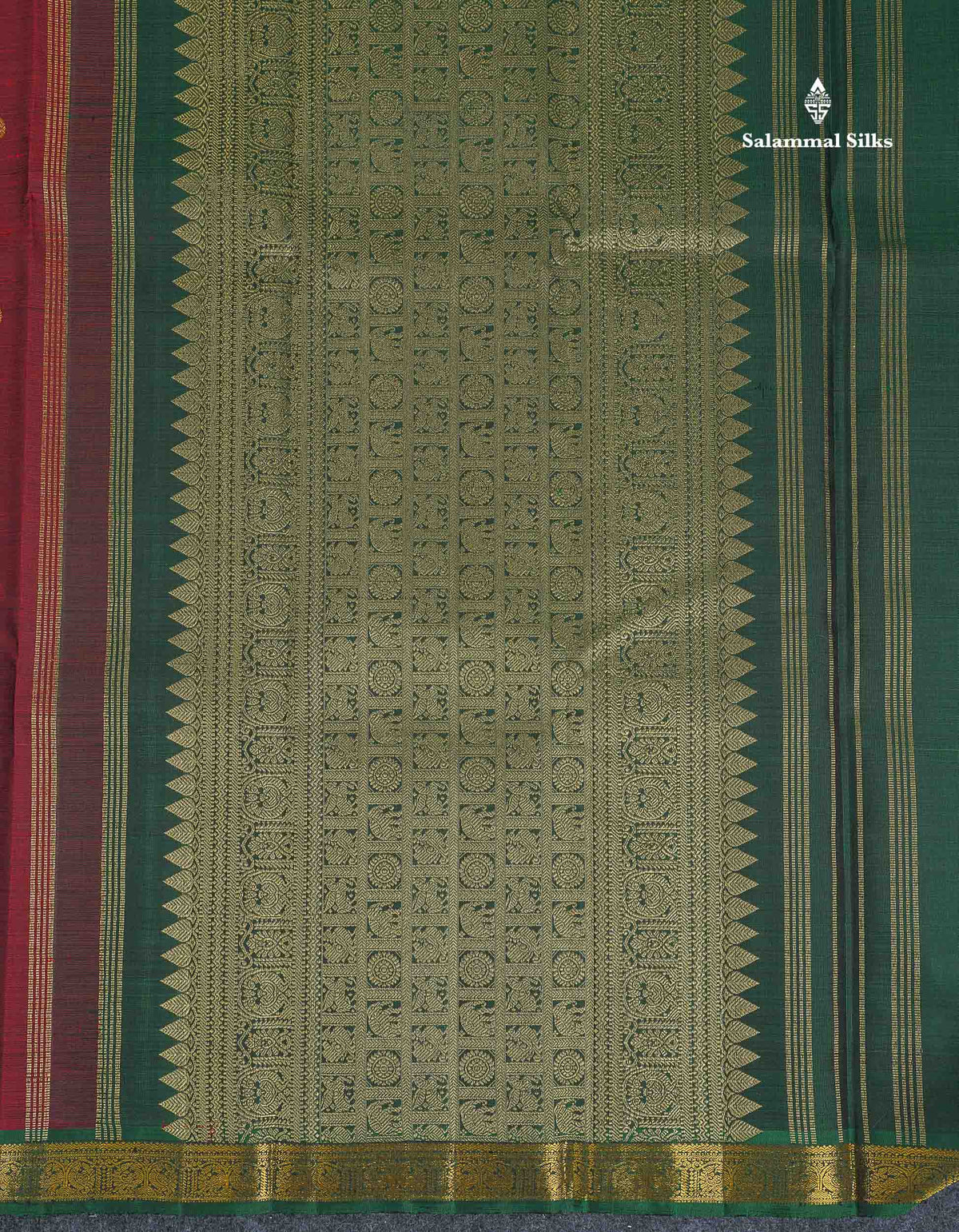 Pure Kanjivaram Silk Saree - Dark Maroon Colour Body Zari Butta With Bottle Green Small Border