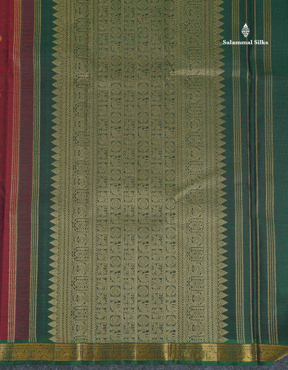 Pure Kanjivaram Silk Saree - Dark Maroon Colour Body Zari Butta With Bottle Green Small Border