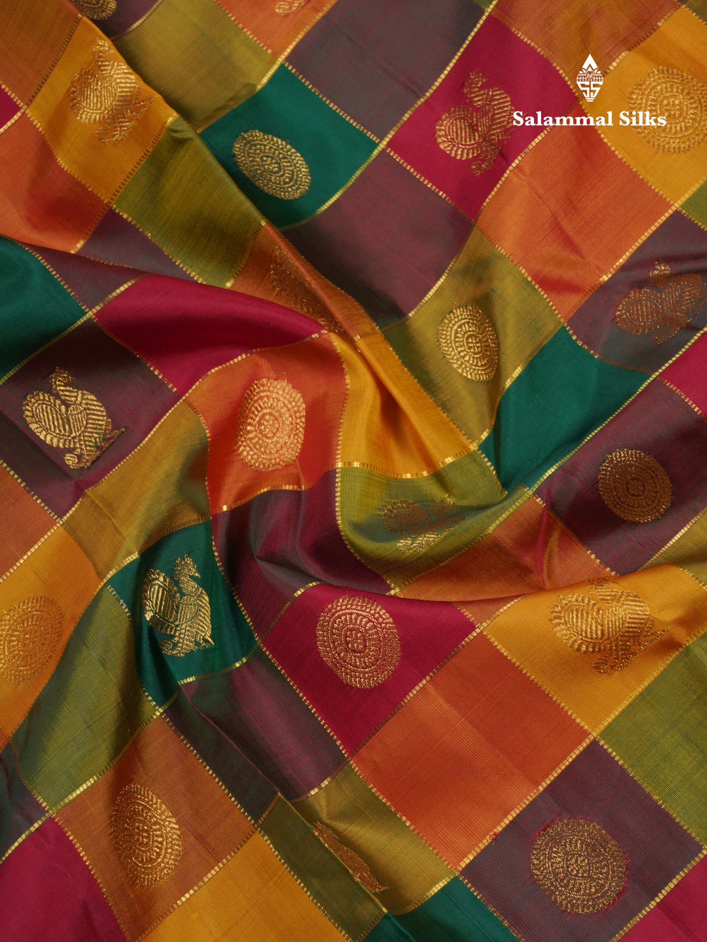 Paalum Pazham Zari Checks With Butta Pure Kanjivaram Silk Saree With Contrast Maroon Traditional Border