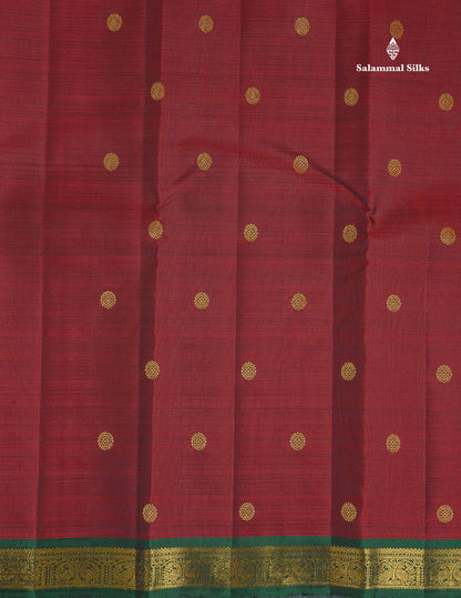 Pure Kanjivaram Silk Saree - Dark Maroon Colour Body Zari Butta With Bottle Green Small Border