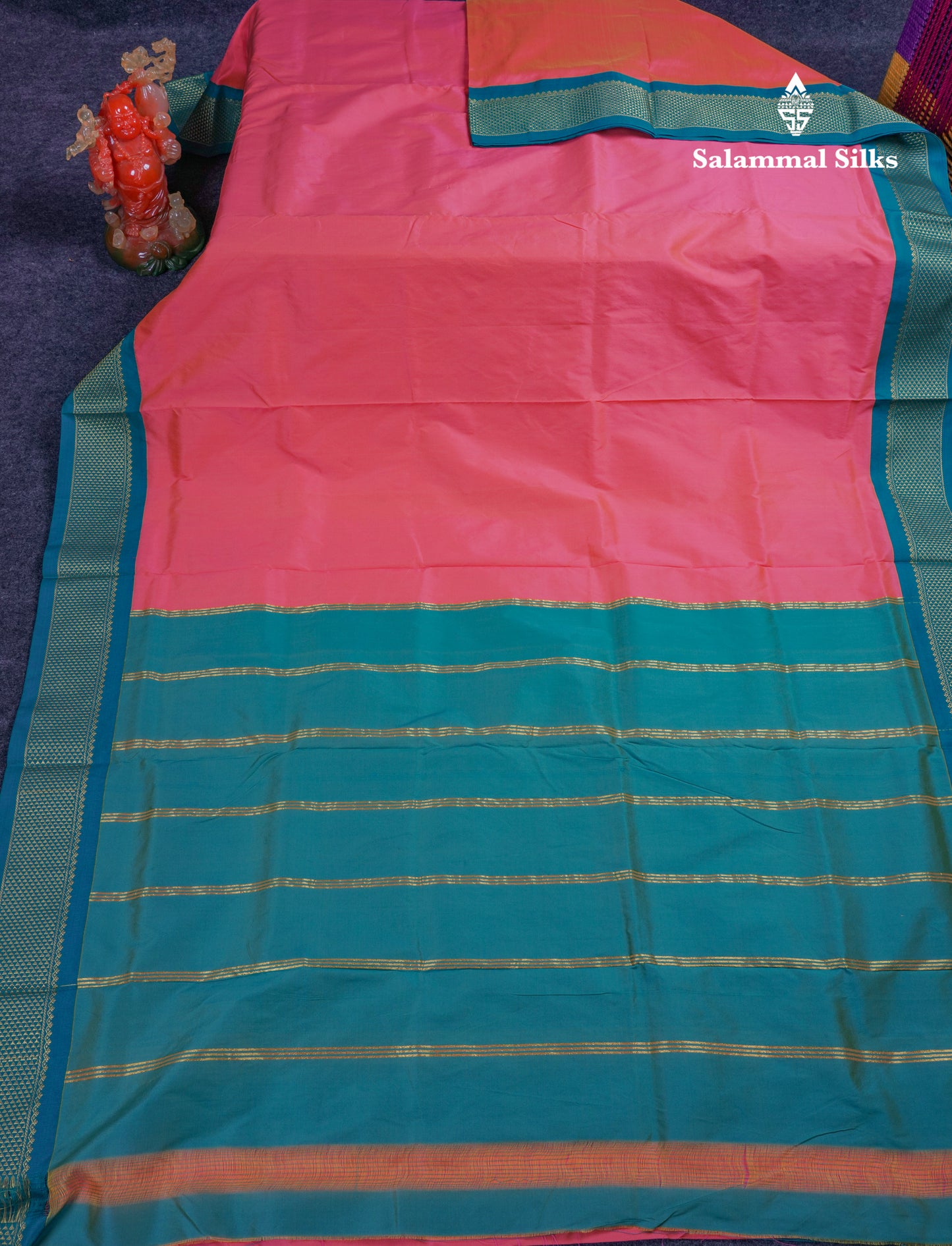 9.5 Yards Semi Silk Saree Dual Tone Pink With Contrast Sapphire Green Traditional Border