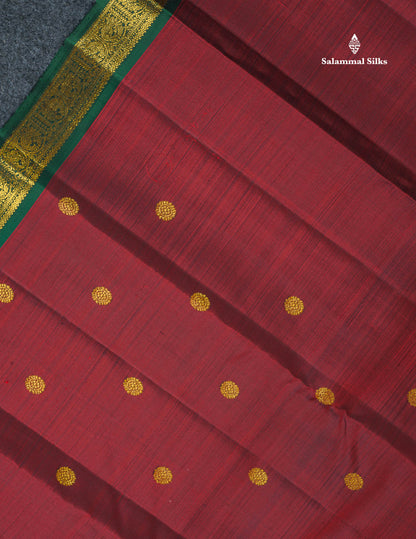 Pure Kanjivaram Silk Saree - Dark Maroon Colour Body Zari Butta With Bottle Green Small Border