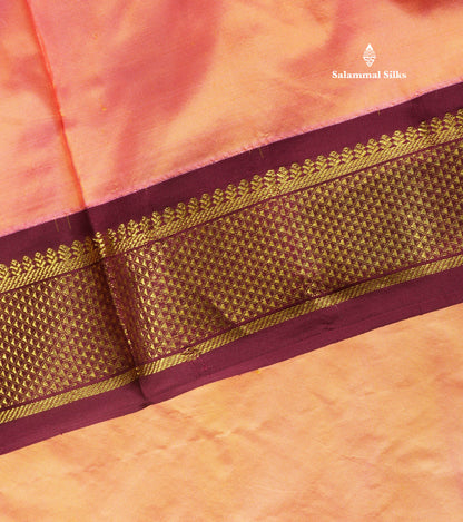 Kanjivaram Beautiful Peach 9Yards Pure Silk Saree With (3.6inch) Magenta Border