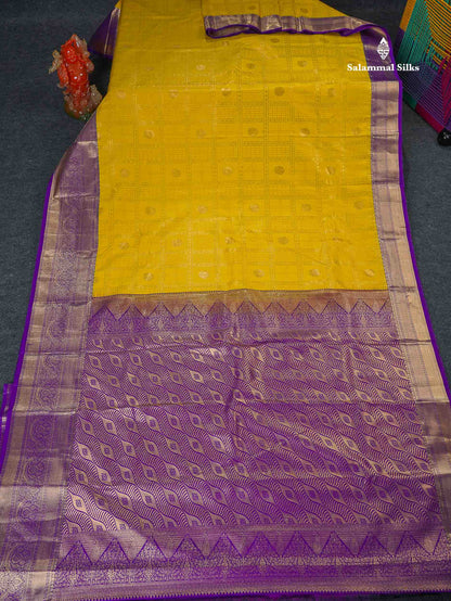 Bridal Semi Silk Saree - Yellow Colour Body With Purple Evening Morning Border 