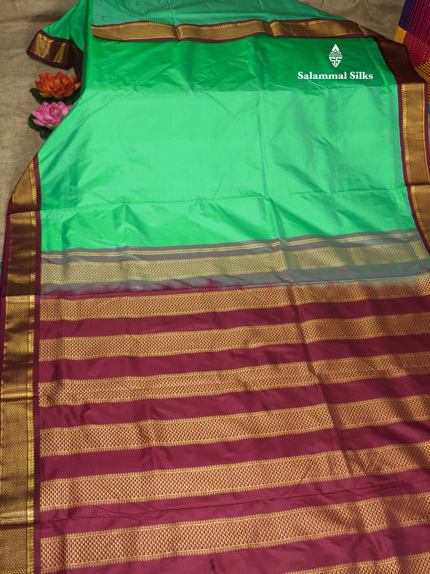 Beautiful Sea Green 9Yards Pure Silk Saree With (3.6inch) Magenta Border