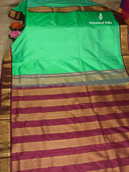 Beautiful Sea Green 9Yards Pure Silk Saree With (3.6inch) Magenta Border