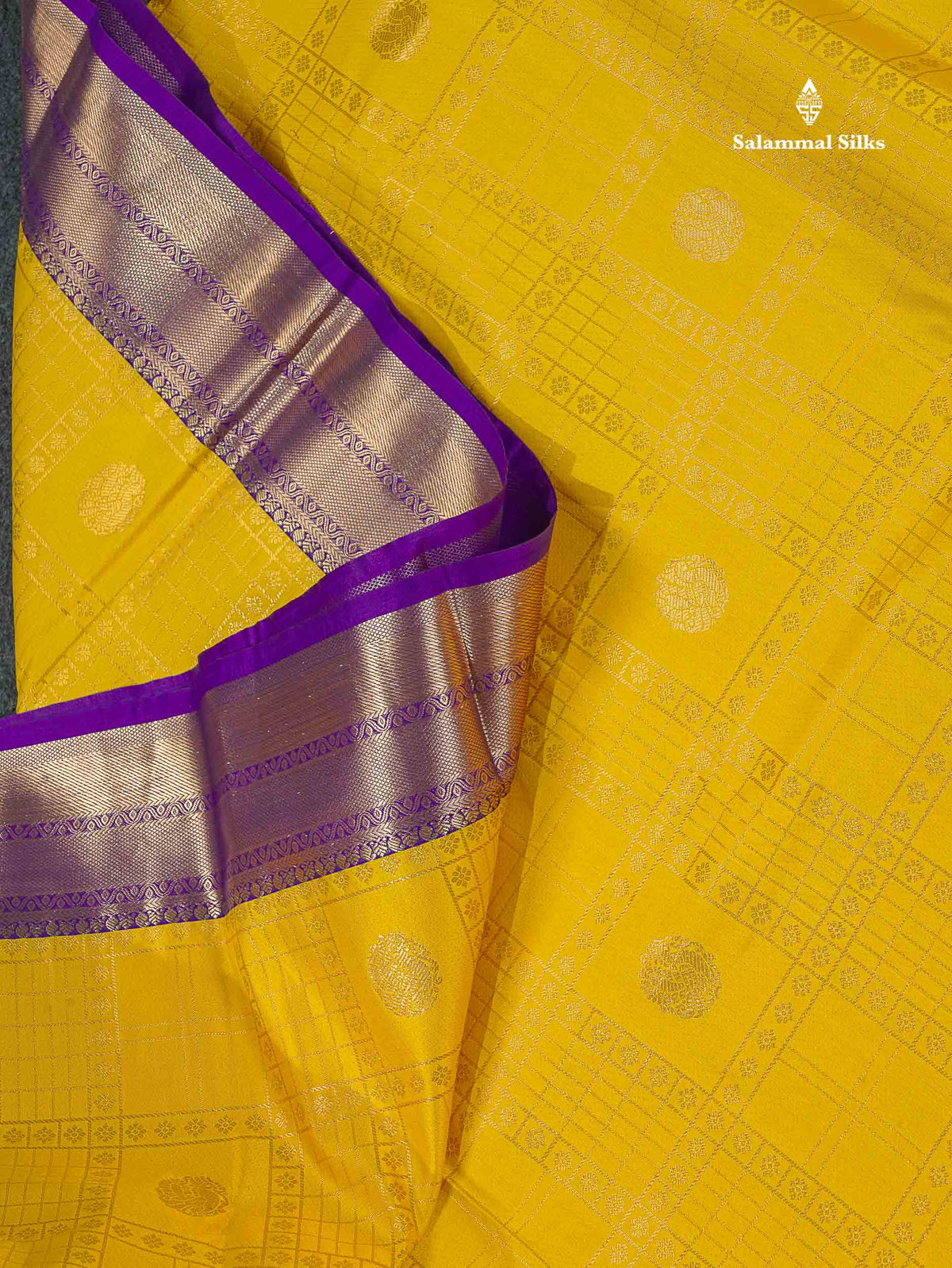 Bridal Semi Silk Saree - Yellow Colour Body With Purple Evening Morning Border