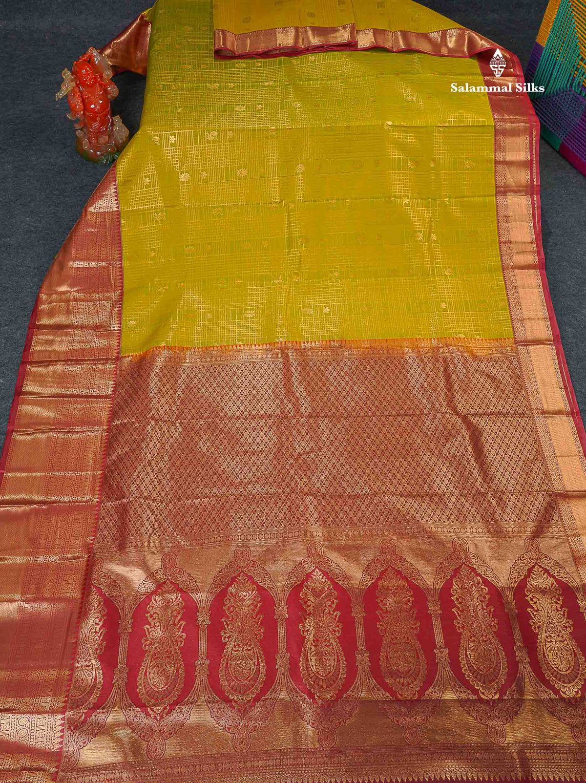 Bridal Semi Silk Saree - Manthulir Yellow Colour Body With Maroon Evening Morning Border 
