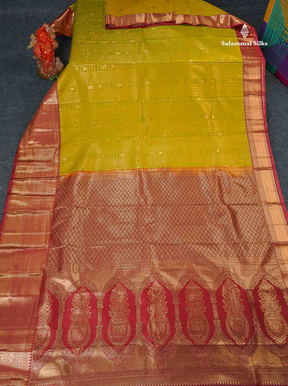 Bridal Semi Silk Saree - Manthulir Yellow Colour Body With Maroon Evening Morning Border 