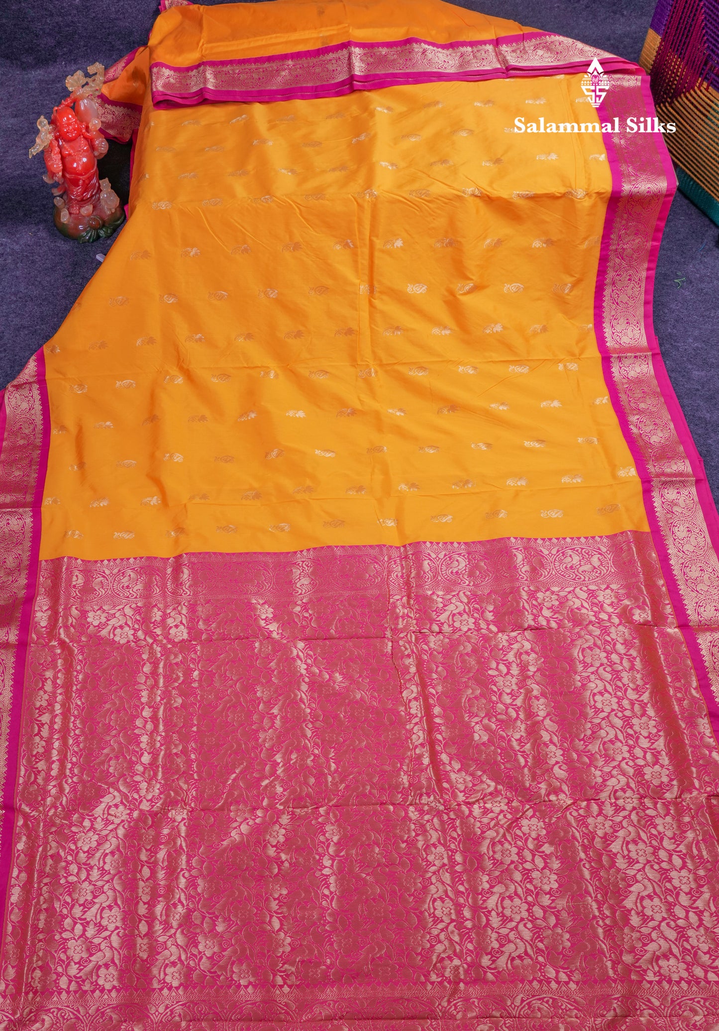 9.5 Yards Semi Silk Saree Mango Yellow With Contrast Pink Traditional Border