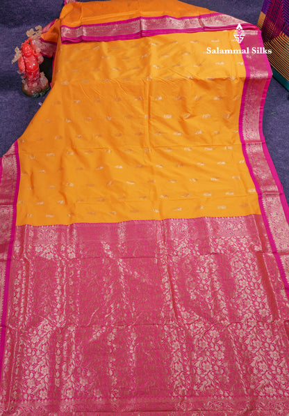 9.5 Yards Semi Silk Saree Mango Yellow With Contrast Pink Traditional Border