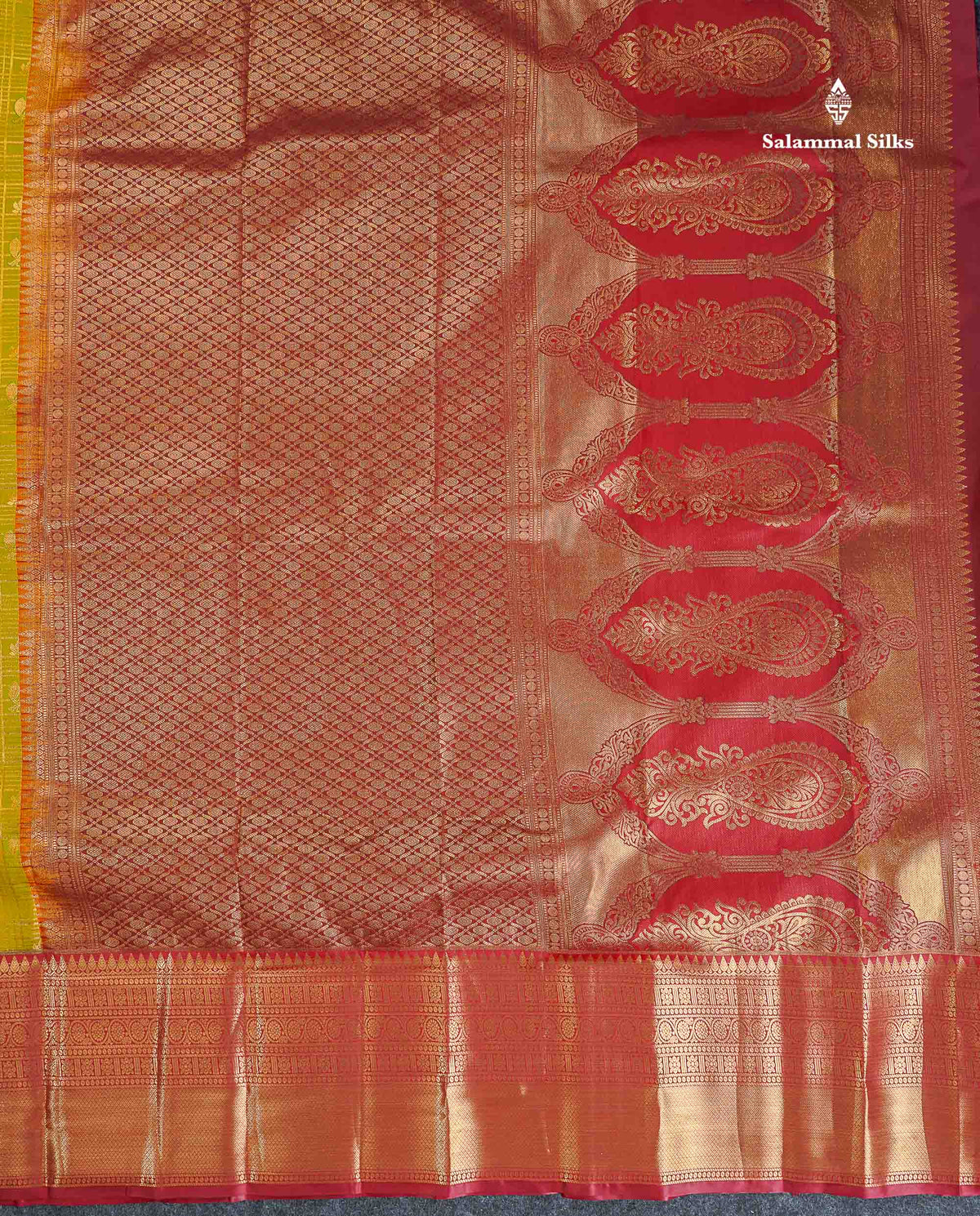 Bridal Semi Silk Saree - Manthulir Yellow Colour Body With Maroon Evening Morning Border