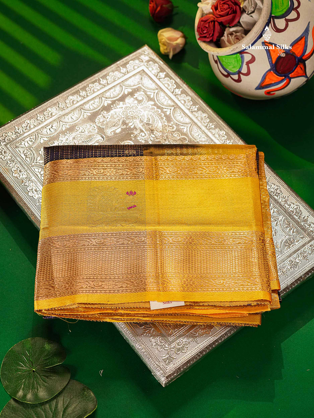 Pure Silk Cotton Saree - Magenta Small Checks With Butta Along With Contrast Yellow Traditional Evening Morning Border