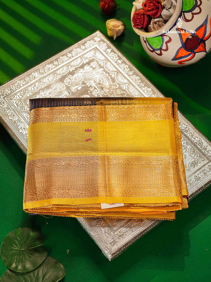 Pure Silk Cotton Saree - Magenta Small Checks With Butta Along With Contrast Yellow Traditional Evening Morning Border