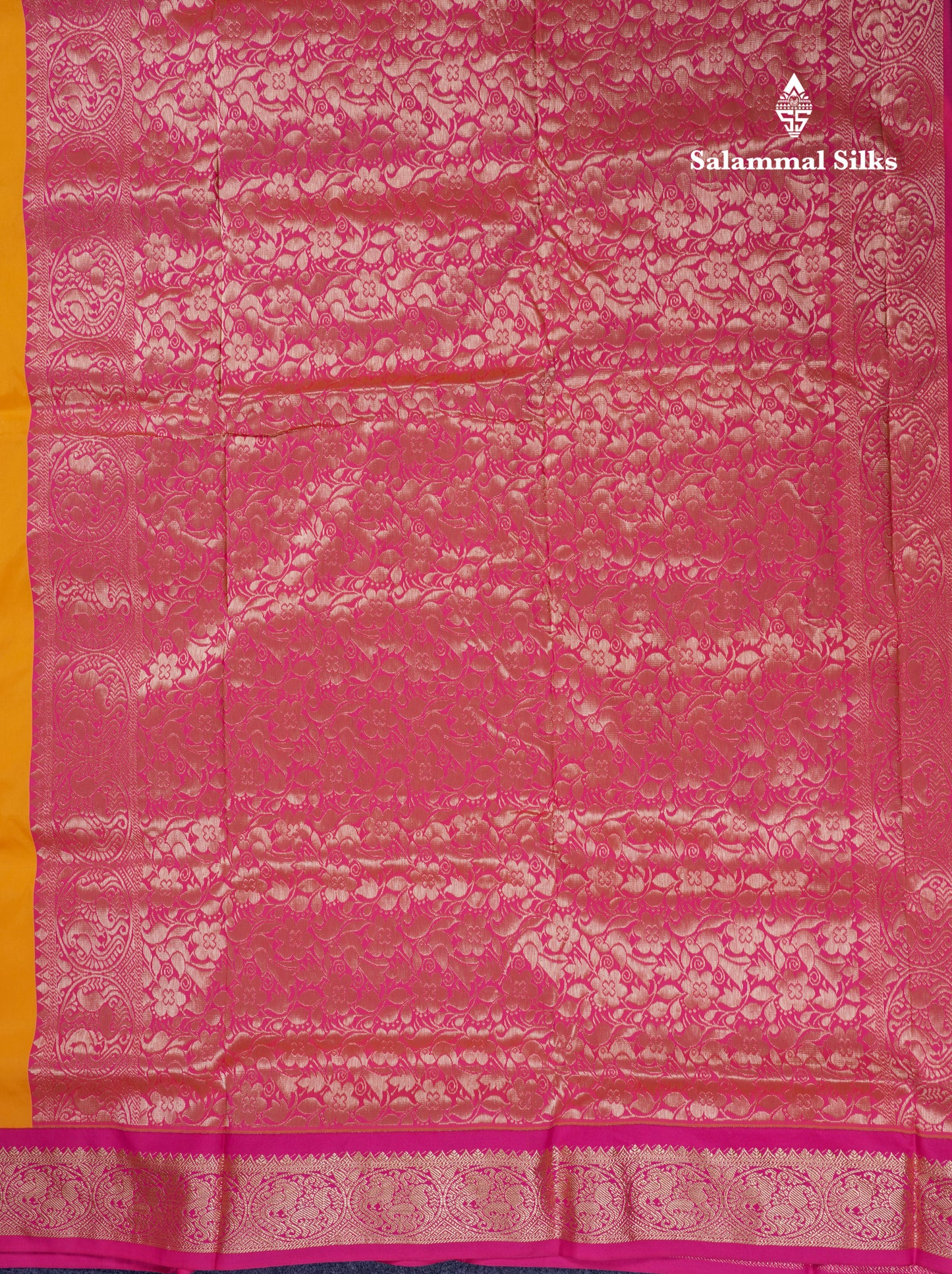 9.5 Yards Semi Silk Saree Mango Yellow With Contrast Pink Traditional Border