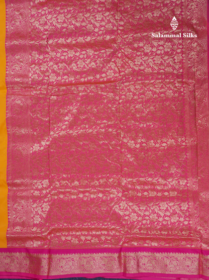 9.5 Yards Semi Silk Saree Mango Yellow With Contrast Pink Traditional Border