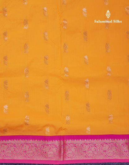 9.5 Yards Semi Silk Saree Mango Yellow With Contrast Pink Traditional Border