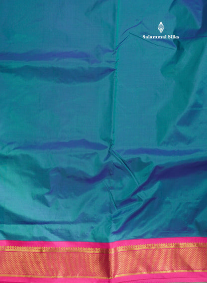 Beautiful Dual Tone Peacock Blue 9Yards Pure Silk Saree With (3.6 inch) Pink Border