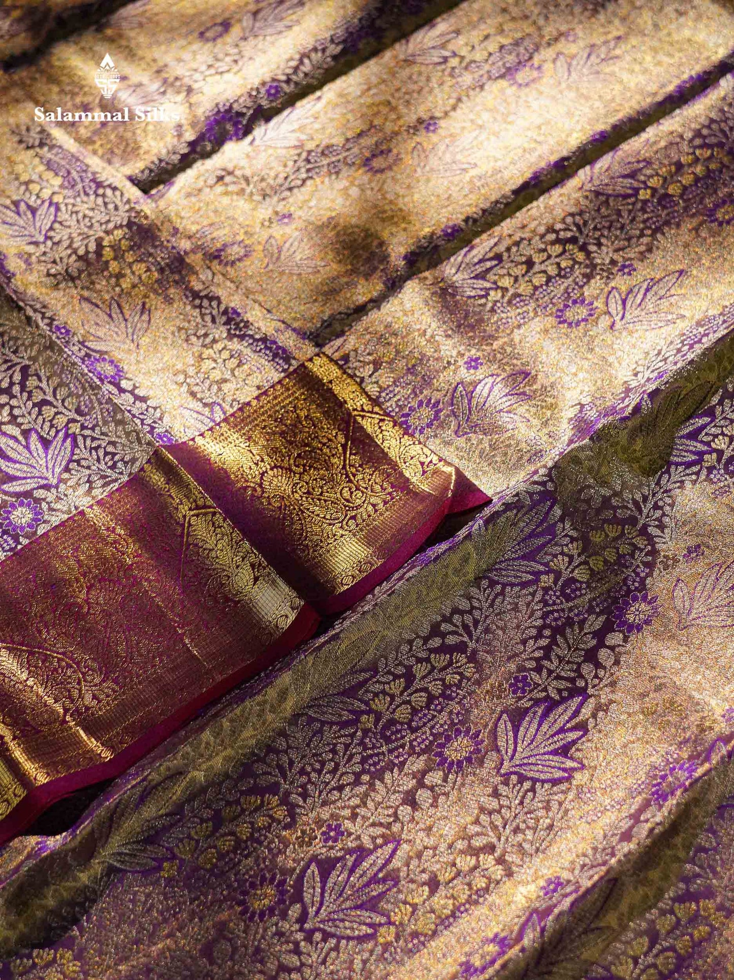 Violet Tissue Bridal Pure Kanjivaram Silk Saree With Contrast Dark Purple Traditional Border