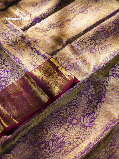 Violet Tissue Bridal Pure Kanjivaram Silk Saree With Contrast Dark Purple Traditional Border