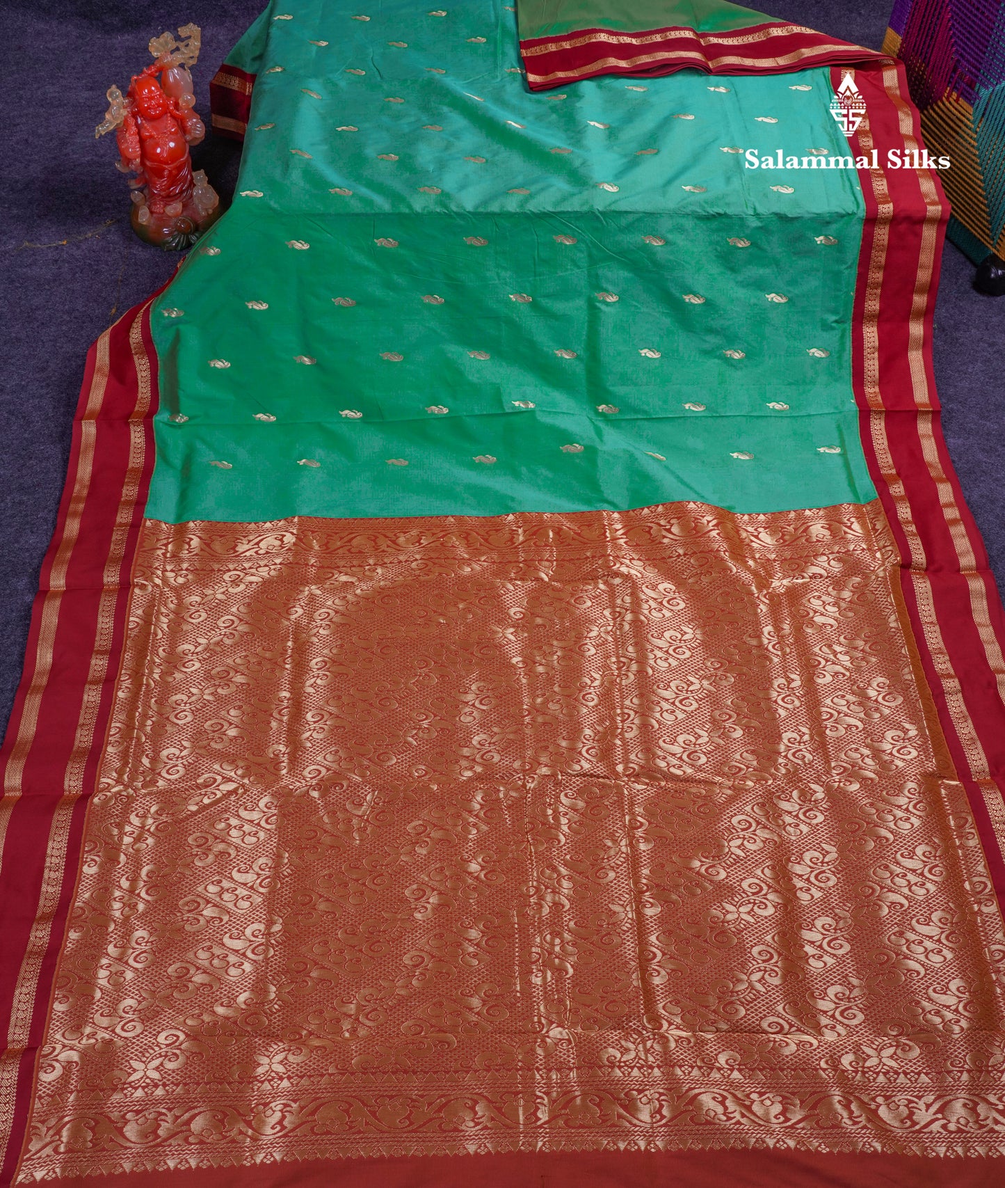 9.5 Yards Semi Silk Saree Rexona Green With Contrast Maroon Traditional Rettapet Border