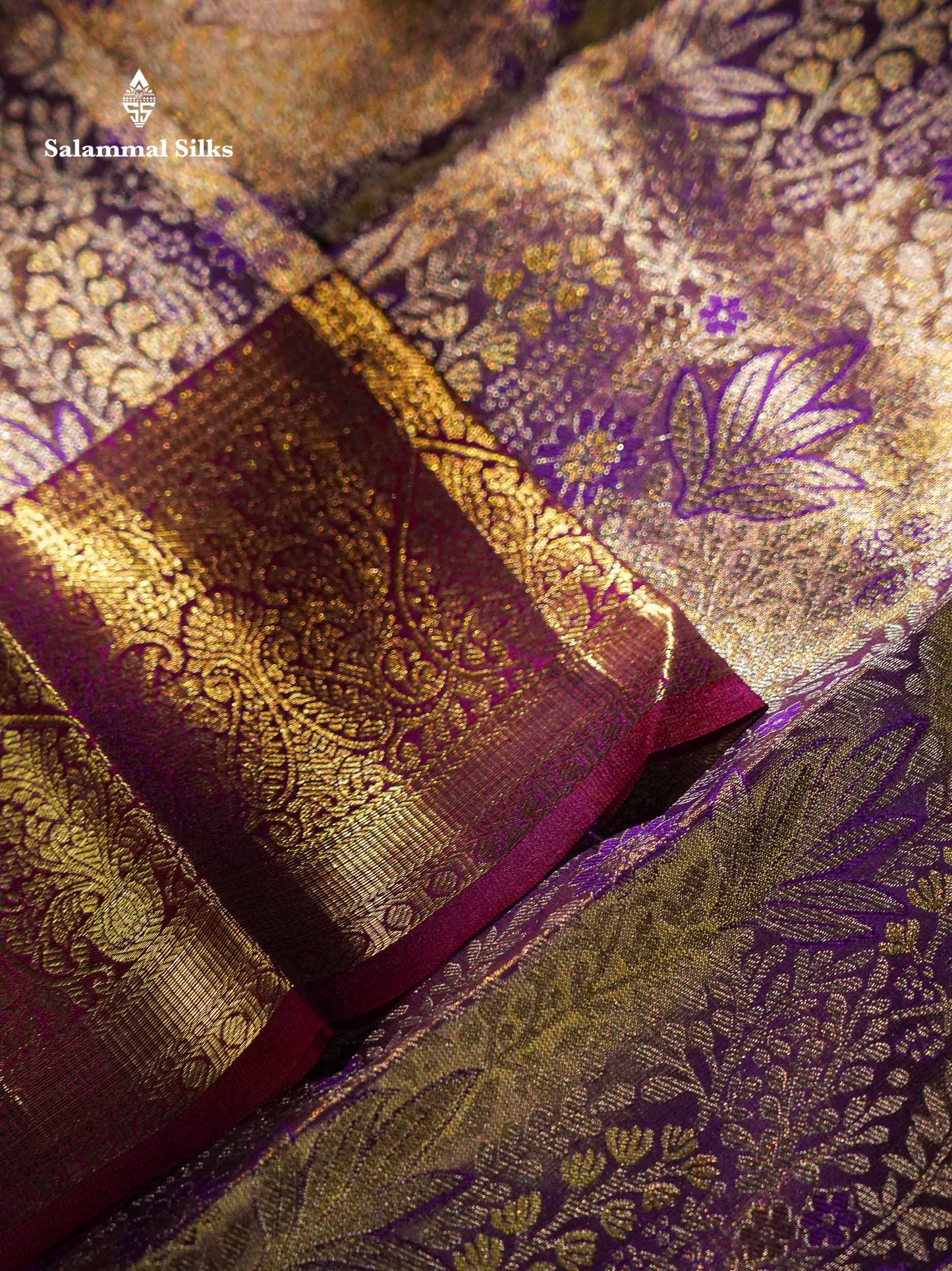 Violet Tissue Bridal Pure Kanjivaram Silk Saree With Contrast Dark Purple Traditional Border