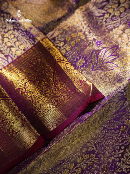 Violet Tissue Bridal Pure Kanjivaram Silk Saree With Contrast Dark Purple Traditional Border