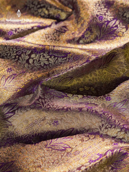 Violet Tissue Bridal Pure Kanjivaram Silk Saree With Contrast Dark Purple Traditional Border