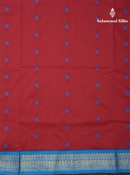 Chilly Red Kalyani Cotton Saree With Contrast Blue Border