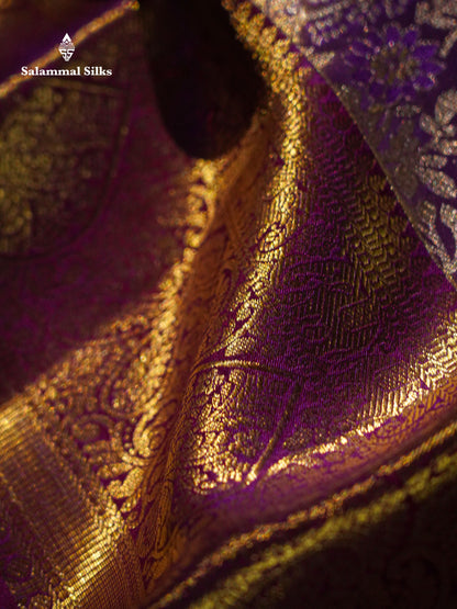Violet Tissue Bridal Pure Kanjivaram Silk Saree With Contrast Dark Purple Traditional Border