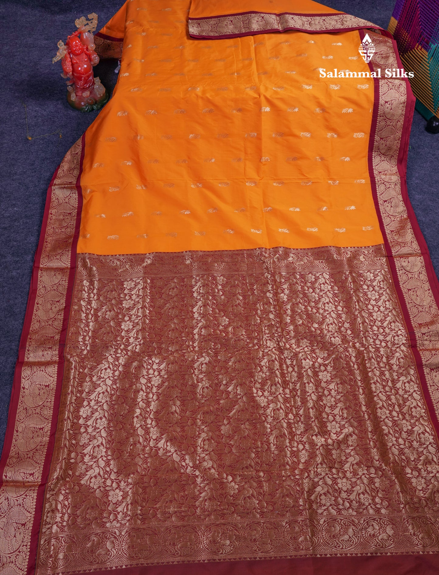 11 Yards Semi Silk Saree Mango Yellow with Contrast Maroon Traditional Border