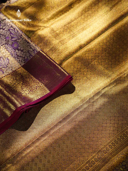 Violet Tissue Bridal Pure Kanjivaram Silk Saree With Contrast Dark Purple Traditional Border