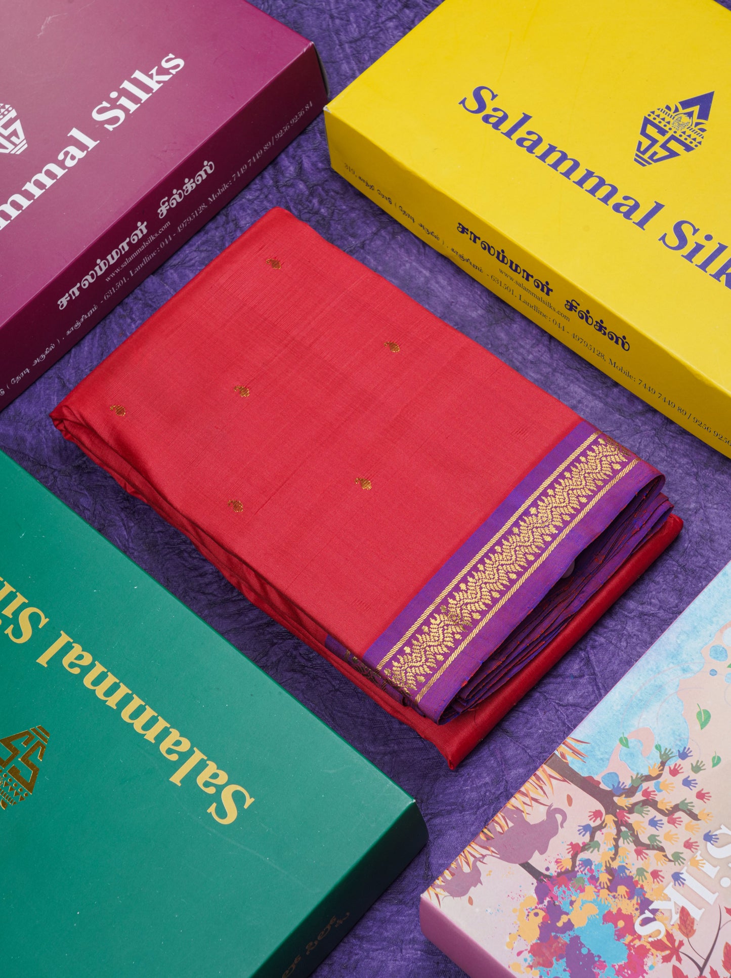 Beautiful Red Pure Kanjivaram Silk Saree With Dual Tone Violet Traditional Small Border