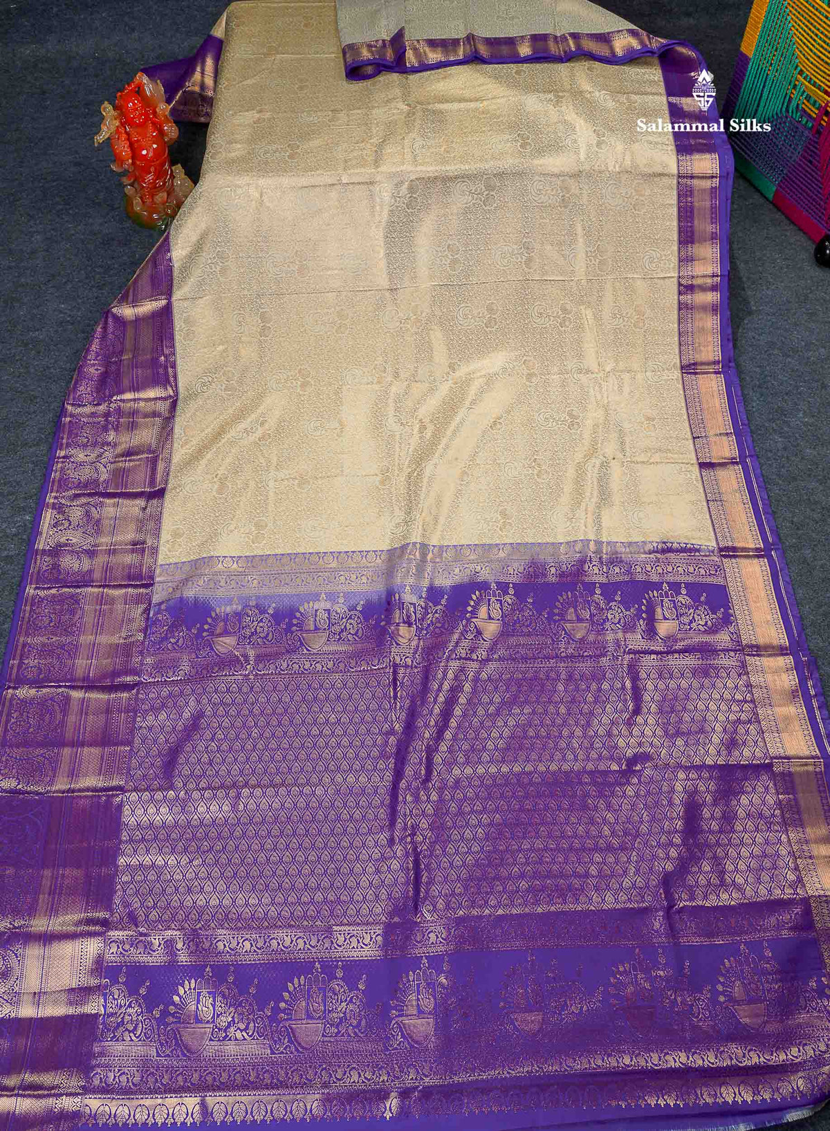 Bridal Semi Silk Saree - Cream Colour Body With Contrast Violet Evening Morning Border