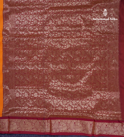 11 Yards Semi Silk Saree Mango Yellow with Contrast Maroon Traditional Border