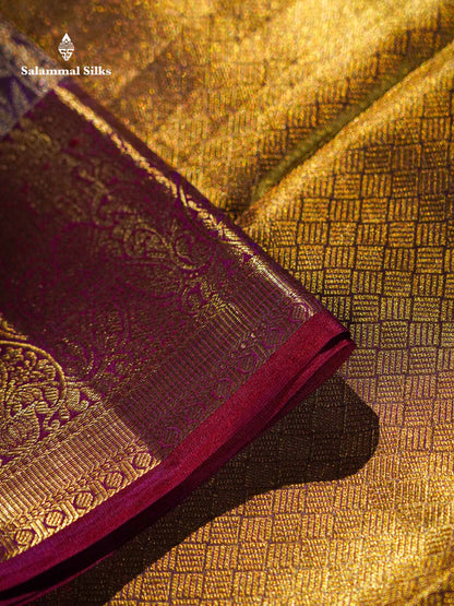 Violet Tissue Bridal Pure Kanjivaram Silk Saree With Contrast Dark Purple Traditional Border