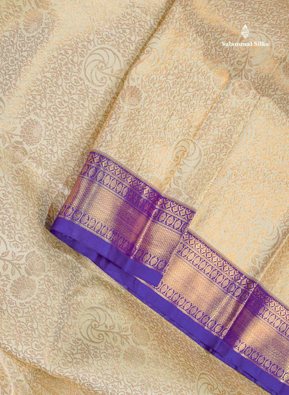Bridal Semi Silk Saree - Cream Colour Body With Contrast Violet Evening Morning Border