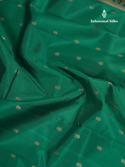 Beautiful Bottle Green Pure Kanjivaram Silk Saree With Traditional Small Border