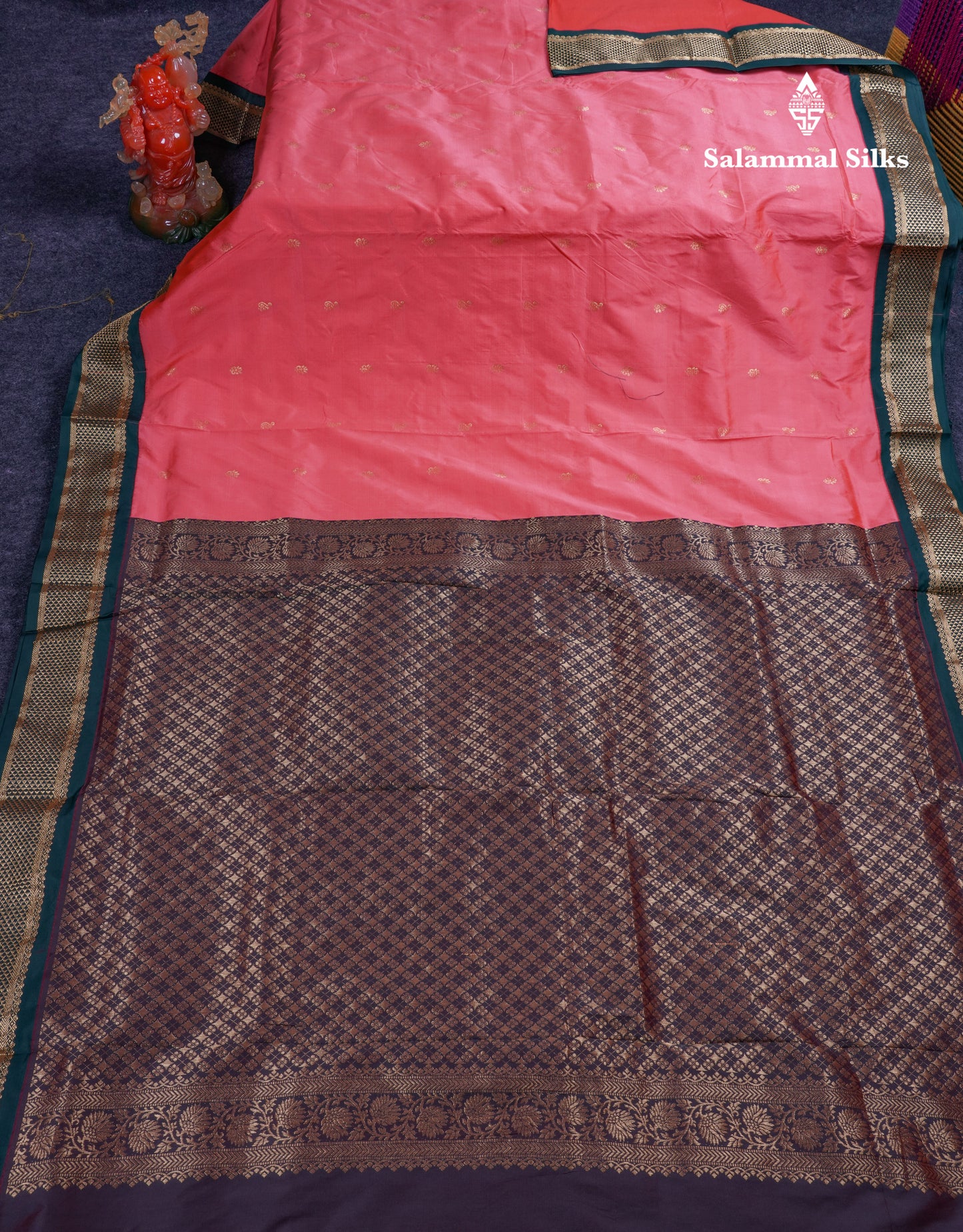 9.5 Yards Semi Silk Saree Dark Peach With Contrast Bottle Green Traditional Border