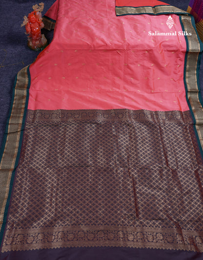 9.5 Yards Semi Silk Saree Dark Peach With Contrast Bottle Green Traditional Border