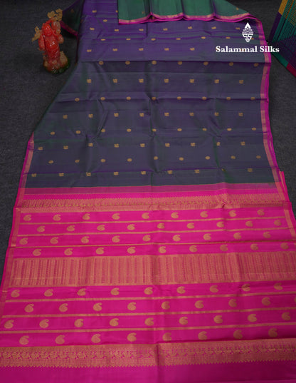 Beautiful Dual Tone Peacock Green Peacock & Chakaram Butta Pure Kanjivaram Silk Saree With Contrast Magenta Pink Blouse