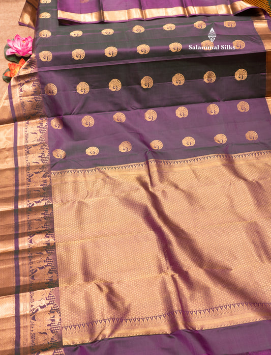 Dual Tone Violet & Green Colour Pure Kanjivaram Silk Saree with Pallakku Border