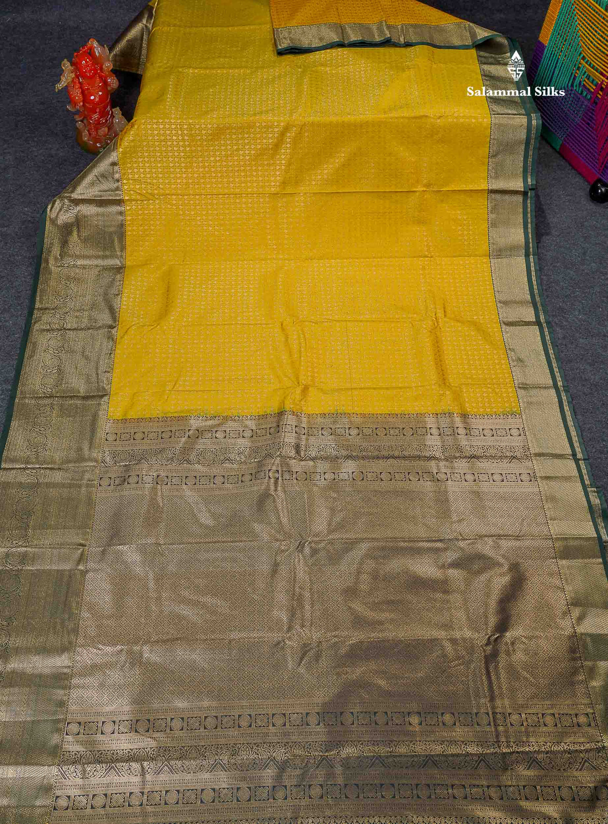 Bridal Semi Silk Saree - Mustard Yellow Colour Body With Bottle Green Evening Morning Border