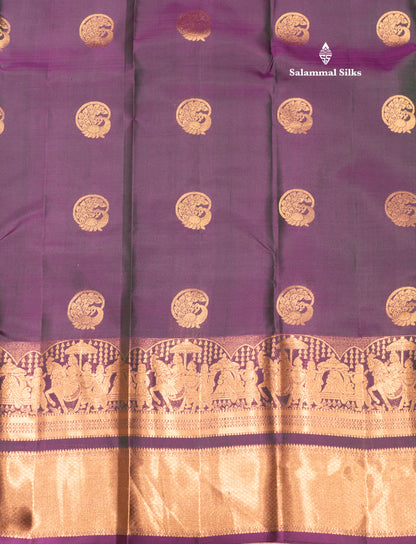 Dual Tone Violet & Green Colour Pure Kanjivaram Silk Saree with Pallakku Border